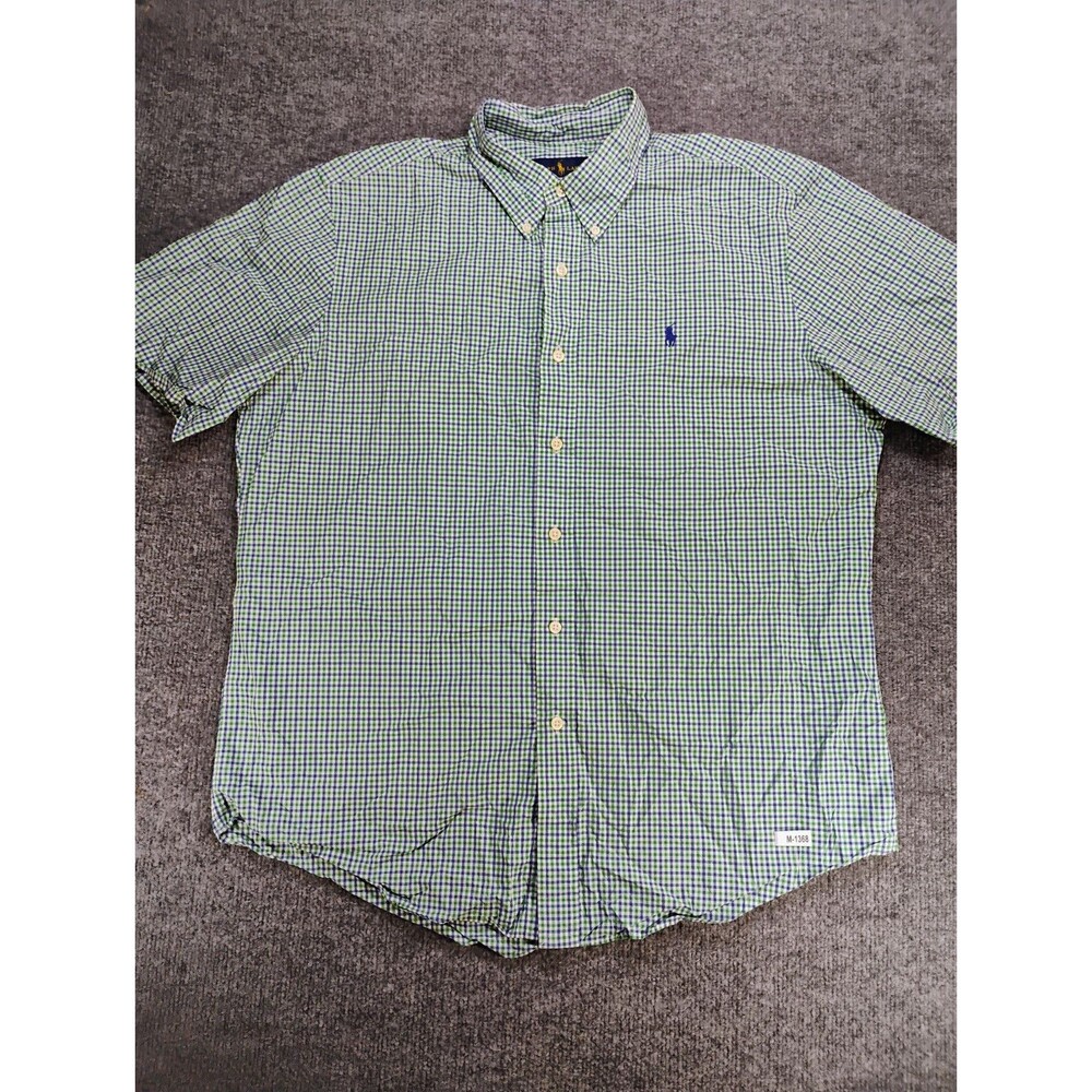 Ralph Lauren Men's Large Green Blue Gingham Check Short Sleeve Button Down Shirt